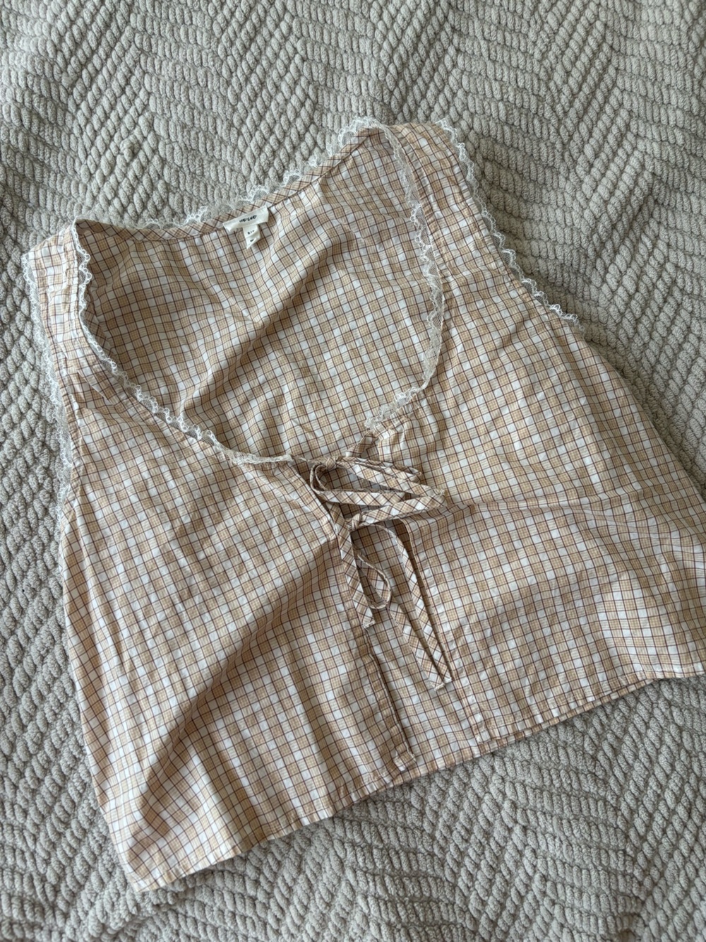 aerie Beige Plaid Lace-Trim Tie-Front Crop Top